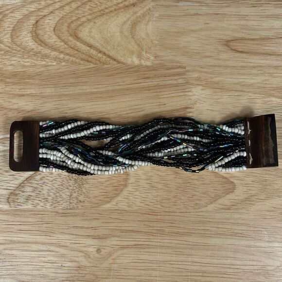 Multi Strand Seed Bead Bracelet, Vintage Wooden Hook Closure - Black, Oil Spill - Picture 8 of 9